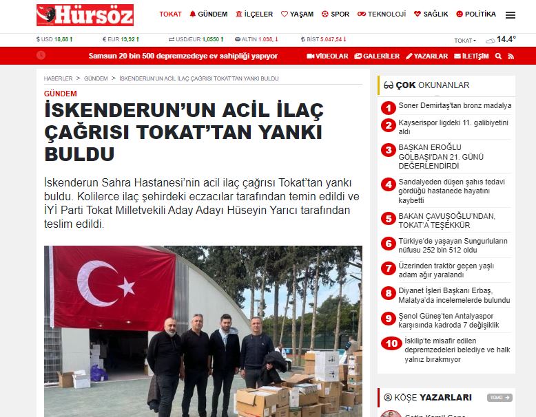 İSKENDERUN’UN ACİL İLAÇ ÇAĞRISI TOKAT’TAN YANKI BULDU